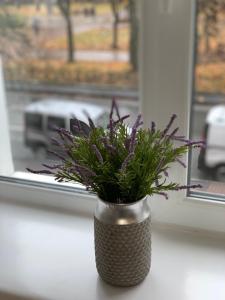 un jarrón con flores púrpuras sentado en el alféizar de la ventana en Sisters apartment en Chernihiv