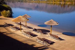 a group of chairs and umbrellas next to a body of water at Walnut Beach Resort in Osoyoos