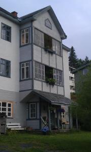 a large white house with windows and a yard at Valdres Naturlegvis in Fagernes