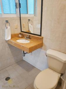 La salle de bains est pourvue de toilettes, d'un lavabo et d'un miroir. dans l'établissement Hotel Santa Rosa, à Oaxaca