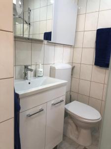 łazienka z toaletą, umywalką i lustrem w obiekcie Posthof 33 w mieście Kitzbühel