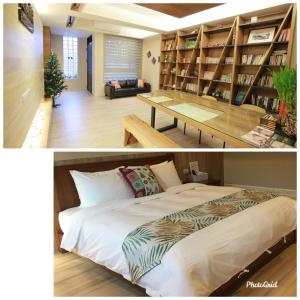 a bedroom and a living room with a bed and bookshelves at Enjoy Homestay in Tainan