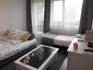 ein Wohnzimmer mit einem Sofa und einem Couchtisch in der Unterkunft Bogarti Apartman in Eger
