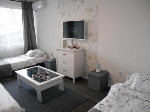 a living room with a bed and a tv on the wall at Bogarti Apartman in Eger