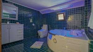 a blue tiled bathroom with a tub and a toilet at Pensiunea La Busu in Bran