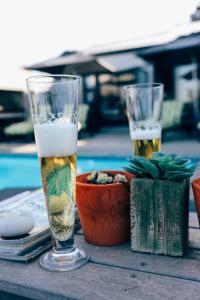 zwei Gläser Bier und eine Schüssel Essen auf dem Tisch. in der Unterkunft Stay At Friends in Bettyʼs Bay