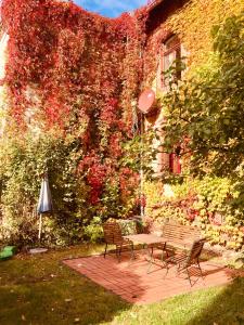 un patio avec deux bancs et un parasol en face d'un bâtiment dans l'établissement Ferienwohnung Huttenstraße Halle, à Halle-sur-Saale