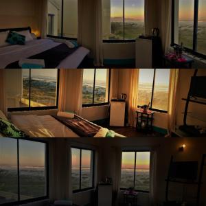 two pictures of a room with a bed and windows at Beachmusic in Cape Town