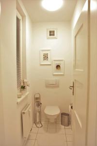 uma casa de banho branca com um WC e um lavatório em Modern apt in the most famous city postcard em Innsbruck