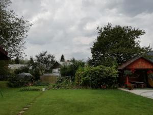 a yard with a shed and a grassy yard at Apartmaji Gorenc in Bohinj