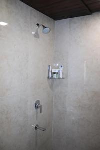 a bathroom with a shower with a glass door at Hotel Ajmer Tower in Ajmer +21 photos