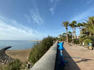 una pasarela junto a una playa con palmeras en MAGUI´S PLACE, en Playa del Inglés