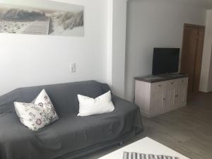 ein Wohnzimmer mit einem Sofa und einem TV in der Unterkunft Ferienwohnung Orthsee in Hohen Wangelin