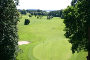 a view of a green golf course with a hole at Torreby Slott Hotel & Golf in Munkedal