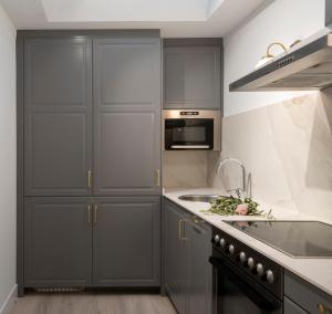 a kitchen with gray cabinets and a sink at Santiago Apartments Bilbao in Bilbao