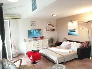 Apartment Lucija 2 في روفينج: غرفة معيشة مع أريكة وتلفزيون