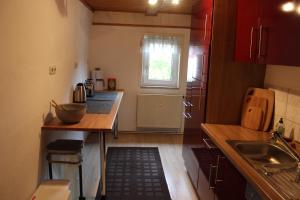 a small kitchen with a counter and a window at Ferienwohnungen Kleiner Kuhstall in Kurort Gohrisch +12 photos