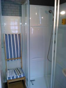 a shower with a glass door and a chair in a bathroom at Maison d'hôtes Les Beaux Chenes in Mortagne-sur-Sèvre