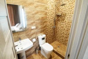 a bathroom with a toilet and a sink and a mirror at Friendship House in Tbilisi City