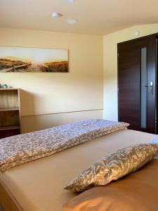 a bedroom with a bed with a pillow on it at Grand Spa Holiday Home II in Sklené Teplice +27 photos