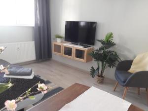 uma sala de estar com uma televisão de ecrã plano num suporte em Przy ratuszu em Świebodzin