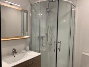 a bathroom with a glass shower and a sink at ANNEXE du LAC in Le Bourget-du-Lac +21 photos