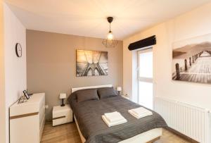 a bedroom with a large bed in a room at Tymon Apartament przy deptaku in Szczawno-Zdrój