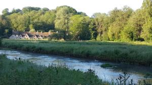 a river in a field with a house in the background at The Swan Hotel in Bibury