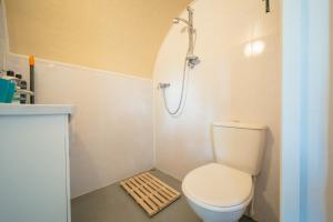 a small bathroom with a toilet and a shower at The Hobbit in Newmilns
