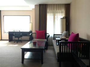 杭州的住宿－杭州西溪谷君亭酒店，客厅配有粉红色的枕头和沙发