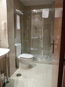 a bathroom with a toilet and a shower at Hotel 4C Puerta Europa in Madrid