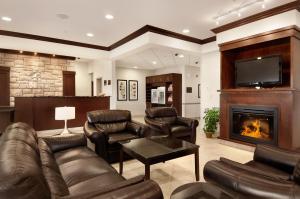 a living room with leather furniture and a fireplace at Canalta Hotel Melfort in Melfort
