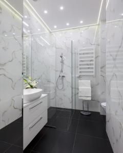 a white bathroom with a shower and a sink at Srodmiescie Marszalkowska in Warsaw