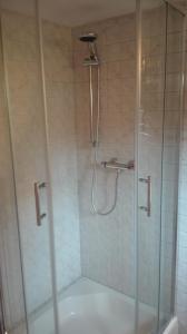 a shower with a glass door in a bathroom at Gästezimmer Familie Müller in Augustusburg