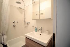 La salle de bains blanche est pourvue d'un lavabo et d'une douche. dans l'établissement Cozy and stylish Studioapartment, à Wurtzbourg
