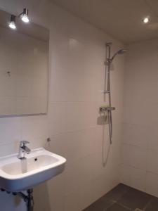 W łazience znajduje się umywalka oraz prysznic z lustrem. w obiekcie B&B Stripsein w mieście Wijnjewoude