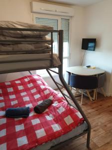 a bunk bed with a red and white checkered blanket at Studio à 1 kilomètre de Disneyland Paris in Montévrain