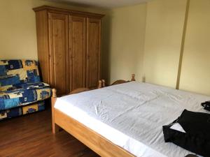 1 dormitorio con 1 cama y armario de madera en Embarcadère 56 en Chiny