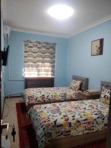 a bedroom with two beds and a window with blue walls at Samia House Twin room in Tashkent