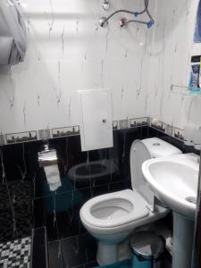 La salle de bains est pourvue de toilettes blanches et d'un lavabo. dans l'établissement Samia House Twin room, à Tachkent