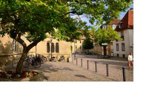 una calle con bicicletas estacionadas junto a un árbol en Dom Hotel, en Osnabrück