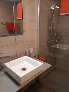 ein Badezimmer mit einem weißen Waschbecken und einer Dusche in der Unterkunft Anstatthotel Schafisheim - self-check-in in Schafisheim