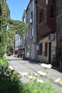 an empty city street with buildings and flowers in the foreground at Sur Istanbul Hotel in Istanbul