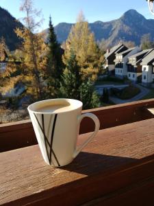 uma chávena de café sentada numa mesa com vista em Ausseeerland em Bad Aussee