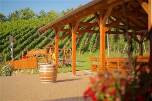 a wooden pavilion with a barrel and a playground at Tourist Farm Apartments Lovrec in Jiršovci