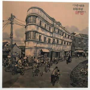 a drawing of a building with people riding bikes at Moon and Chalice Boutique Hotel in Kunming