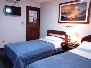 Habitación de hotel con 2 camas y TV en HOSTAL VISTA AMAZONAS, en Quito