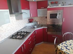 een keuken met rode kasten, een wastafel en een magnetron bij Byt vo Fiľakove in Fiľakovo