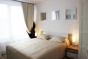 um quarto com uma cama grande e uma janela em LEO Apartment FREE PARKING - Augusta em Bratislava
