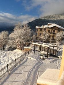 un patio cubierto de nieve con una casa y una valla en Ey-Giann, en Karpenisi